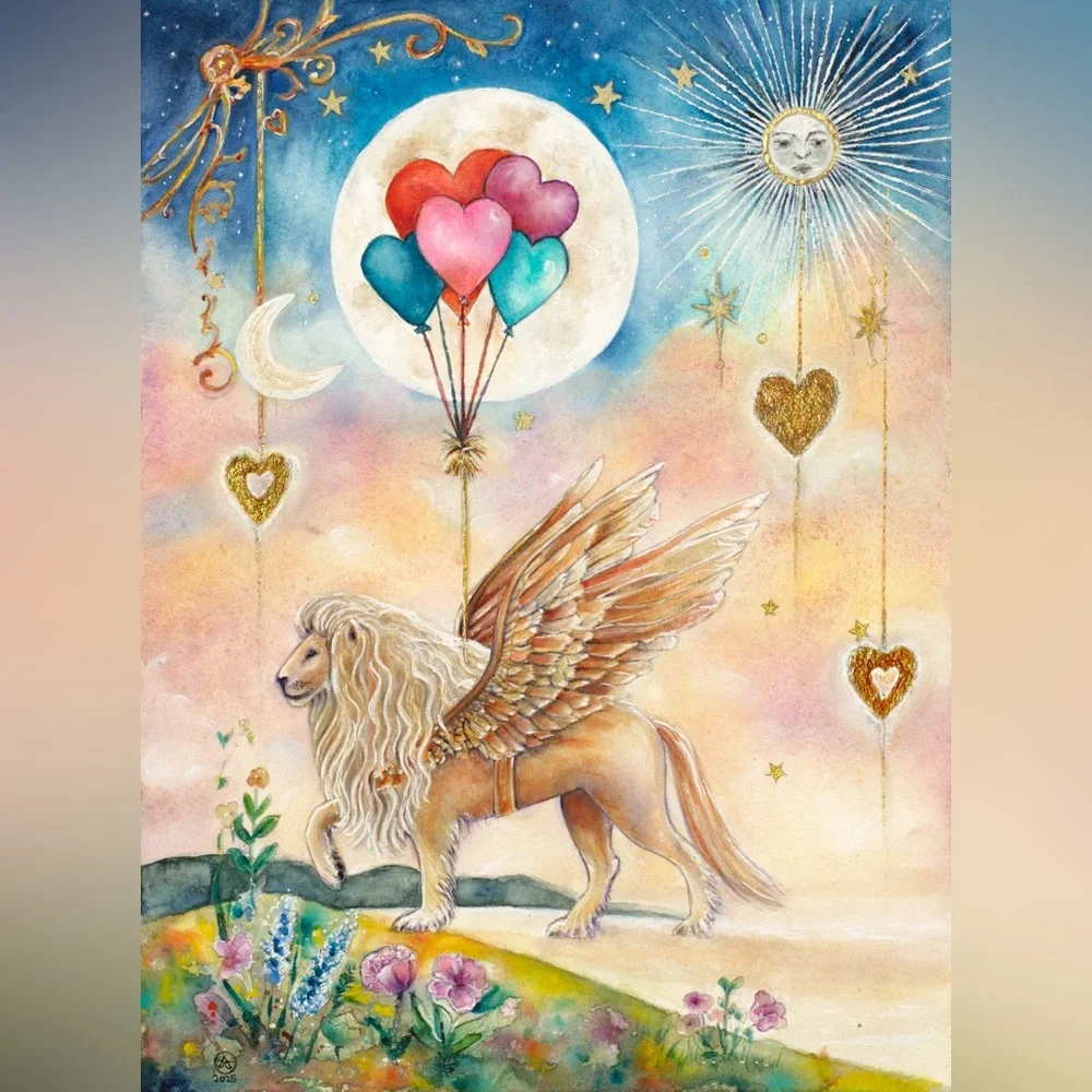 Winged Lion, Heart Balloons: Celestial Guardian of the Heartlight Greeting Cards